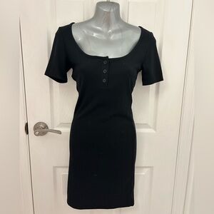 Black Ribbed BodyCon Dress with Buttons, Sz S